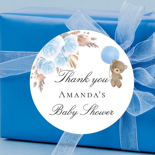 Baby Shower teddy bear blue pampas grass boy Classic Round Sticker
