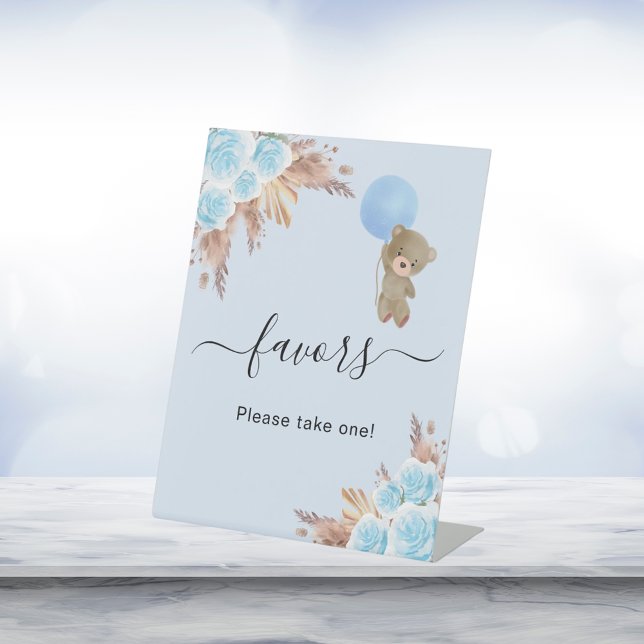 Baby shower teddy bear blue pampas grass favors pedestal sign (Creator Uploaded)
