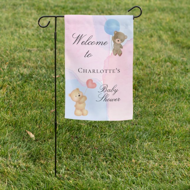 Baby shower teddy bear blue pink gender reveal garden flag (In SItu)