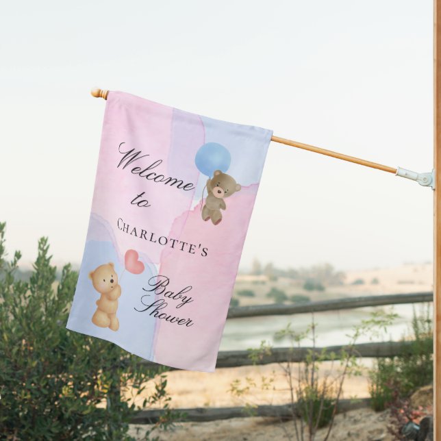 Baby shower teddy bear blue pink gender reveal house flag (Insitu (Back))