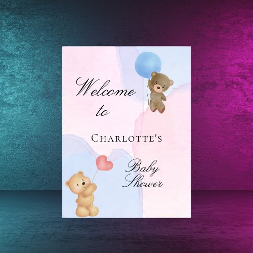 Baby shower teddy bear blue pink gender reveal poster