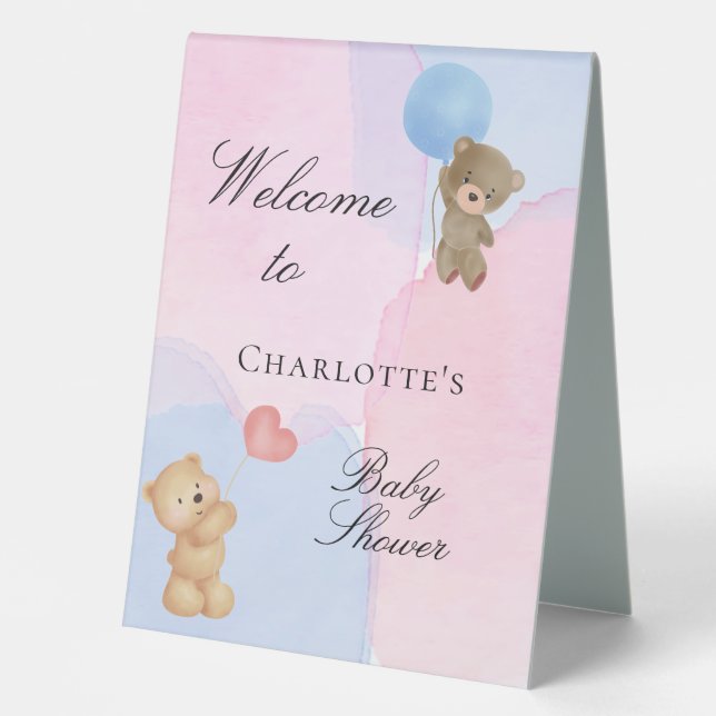 Baby shower teddy bear blue pink gender reveal table tent (Front)