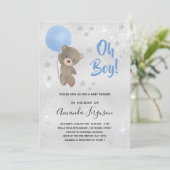 Baby shower teddy bear blue silver boy invitation (Standing Front)