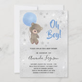 Baby shower teddy bear blue silver boy invitation (Front)