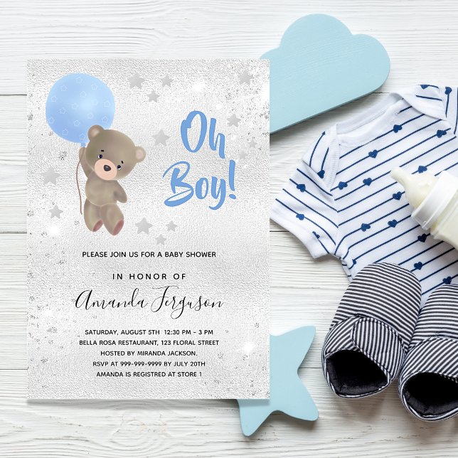 Baby shower teddy bear blue silver boy invitation