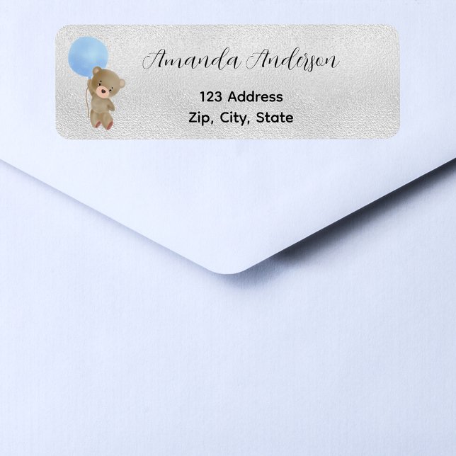 Baby Shower teddy bear blue silver return address Label (Creator Uploaded)