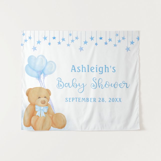 Baby Shower Teddy Bear Blue Stars Backdrop (Front (Horizontal))