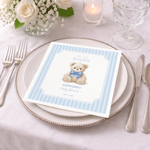 Baby Shower Teddy Bear &amp; Blue Stripes Bearly Wait Napkins