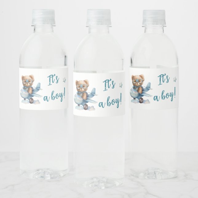 Baby Shower teddy bear blue Water Bottle Label (Bottles)