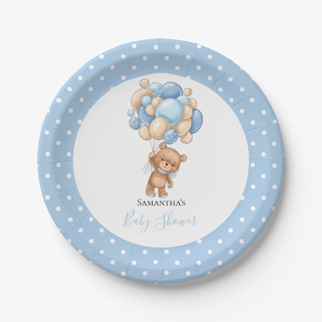 Baby Shower Teddy Bear Boy Blue Balloons   Paper Plates (Front)