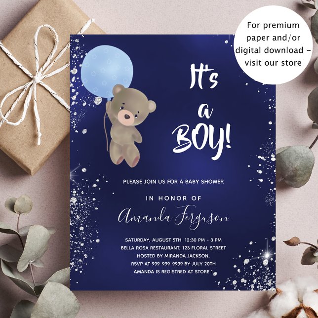 Baby shower teddy bear boy blue budget invitation (Creator Uploaded)