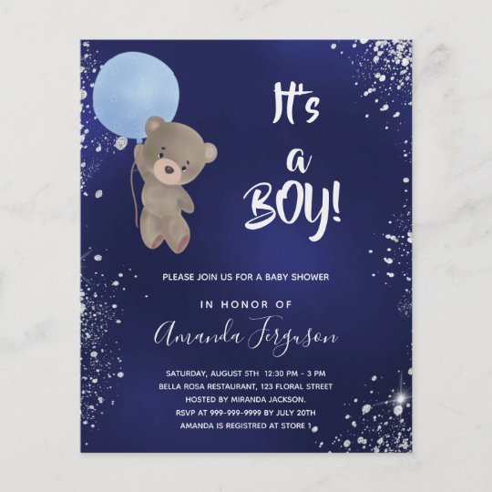 Baby shower teddy bear boy blue budget invitation flyer | Zazzle.com