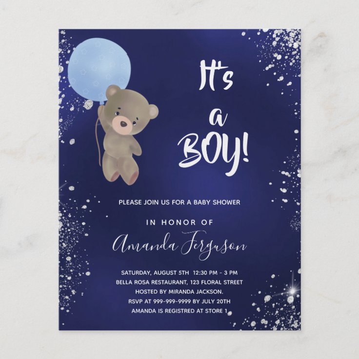 Baby shower teddy bear boy blue budget invitation flyer Zazzle