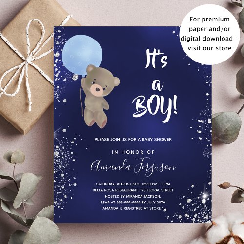 Baby shower teddy bear boy blue budget invitation flyer