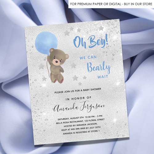 Baby shower teddy bear boy blue budget invitation flyer