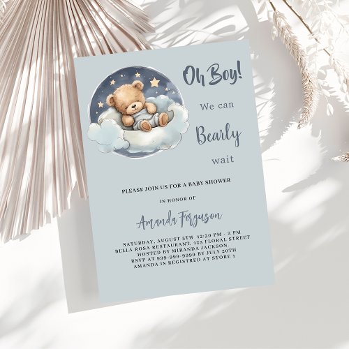 Baby shower teddy bear boy blue cloud cute invitation