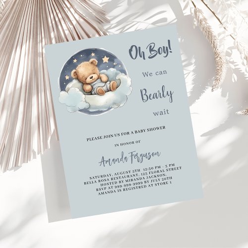 Baby shower teddy bear boy blue cloud cute invitation postcard