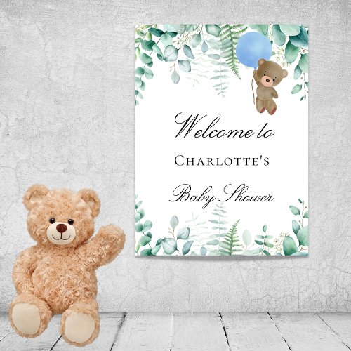 Baby shower teddy bear boy blue eucalyptus forest poster