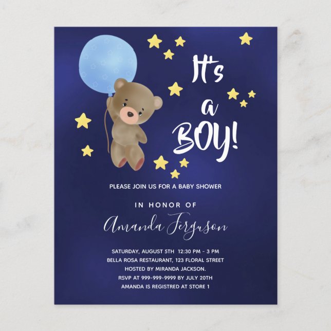 Baby shower teddy bear boy blue invitation (Front)