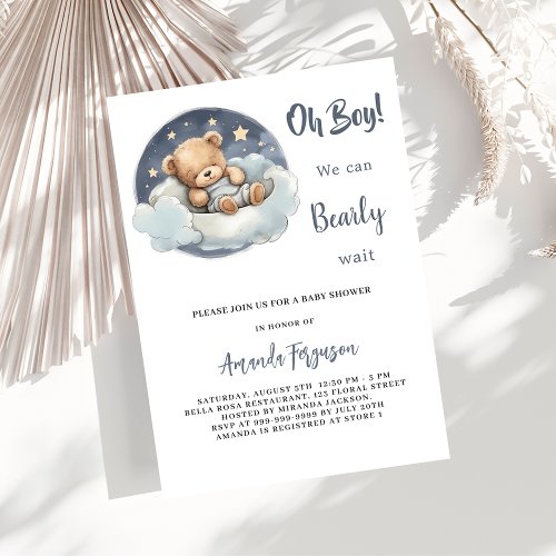 Baby shower teddy bear boy blue moon sky invitation