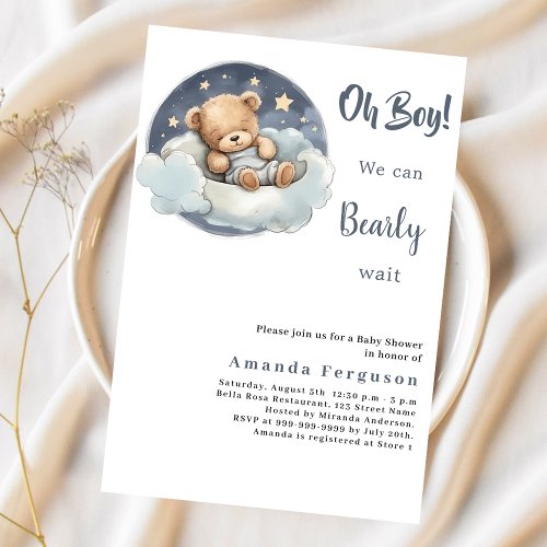 Baby shower teddy bear boy blue moon sky invitation