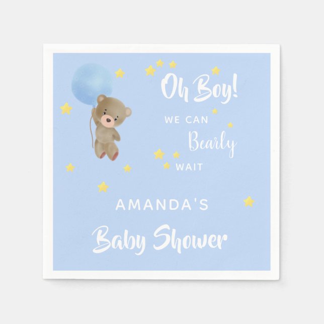 Baby shower teddy bear boy blue name napkins (Front)