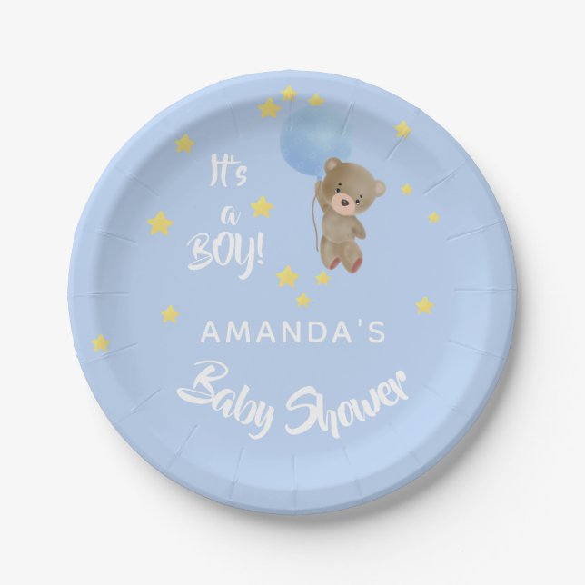 Baby shower teddy bear boy blue name paper plates (Front)