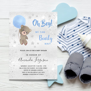 Baby shower teddy bear boy blue silver invitation