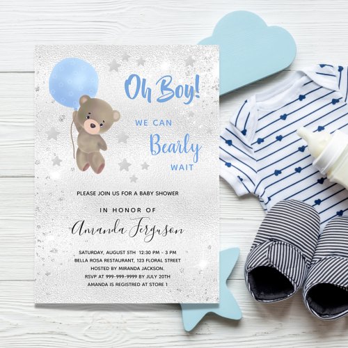 Baby shower teddy bear boy blue silver  invitation