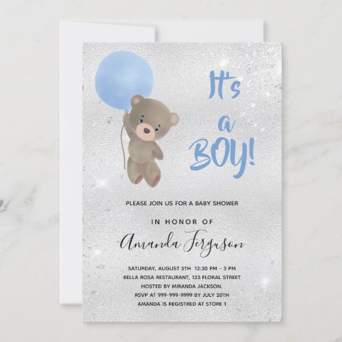 Baby shower teddy bear boy blue silver invitation