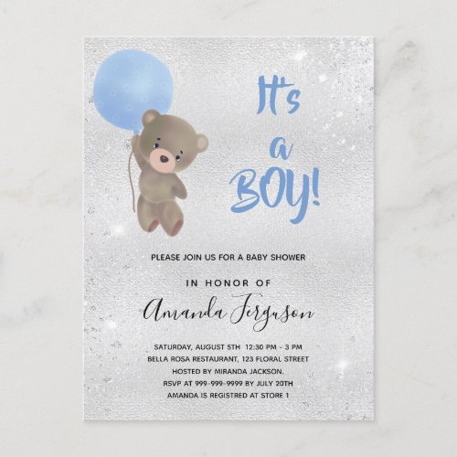 Baby shower teddy bear boy blue silver invitation postcard