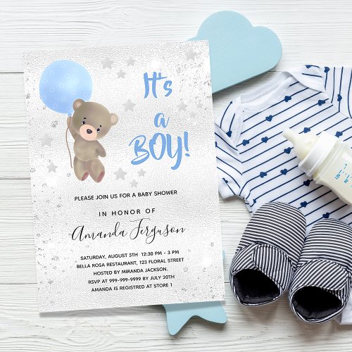 Baby shower teddy bear boy blue silver star invitation