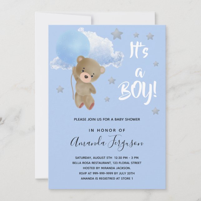 Baby shower teddy bear boy blue stars  invitation (Front)
