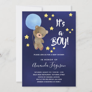 Baby shower teddy bear boy blue stars invitation