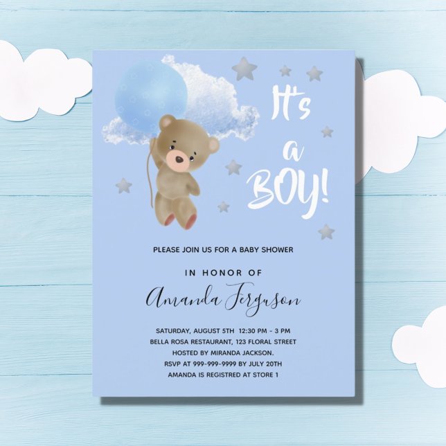 Baby shower teddy bear boy blue stars invitation postcard (Creator Uploaded)
