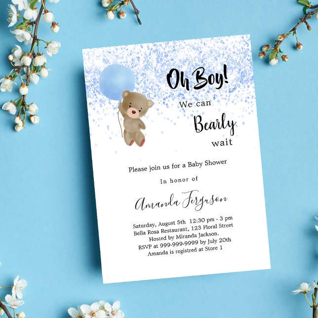 Baby shower teddy bear boy blue white invitation (Creator Uploaded)
