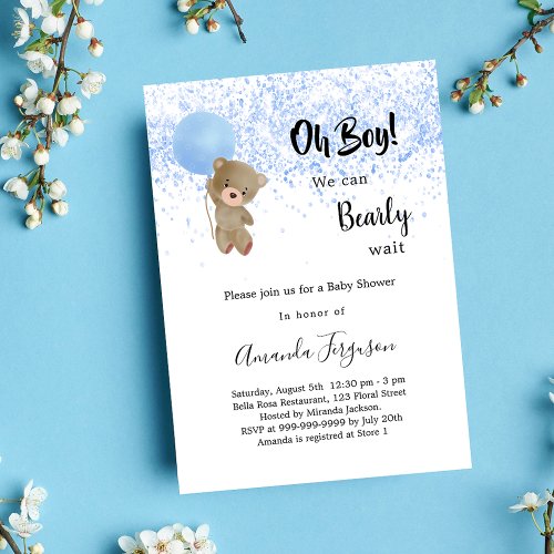 Baby shower teddy bear boy blue white luxury invitation