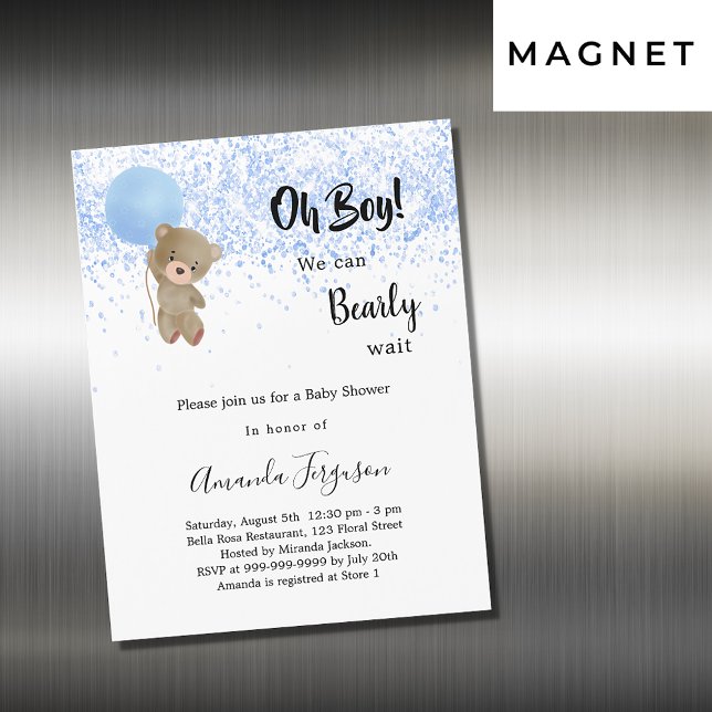Baby shower teddy bear boy blue white luxury magnetic invitation (Creator Uploaded)