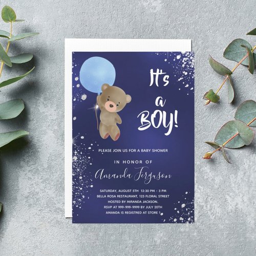 Baby shower teddy bear boy navy blue glitter invitation