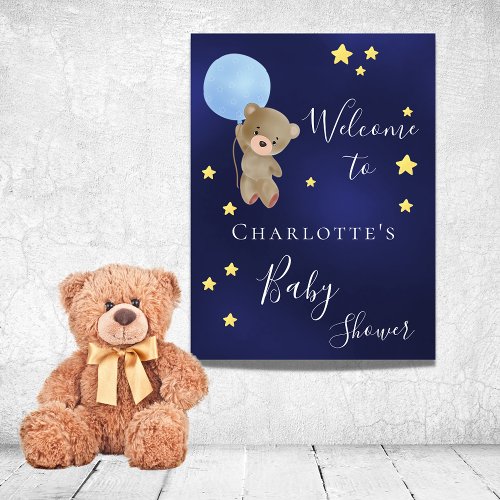 Baby shower teddy bear boy navy blue welcome poster