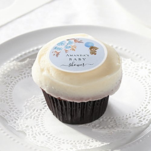 Baby Shower teddy bear boy pampas grass blue Edible Frosting Rounds