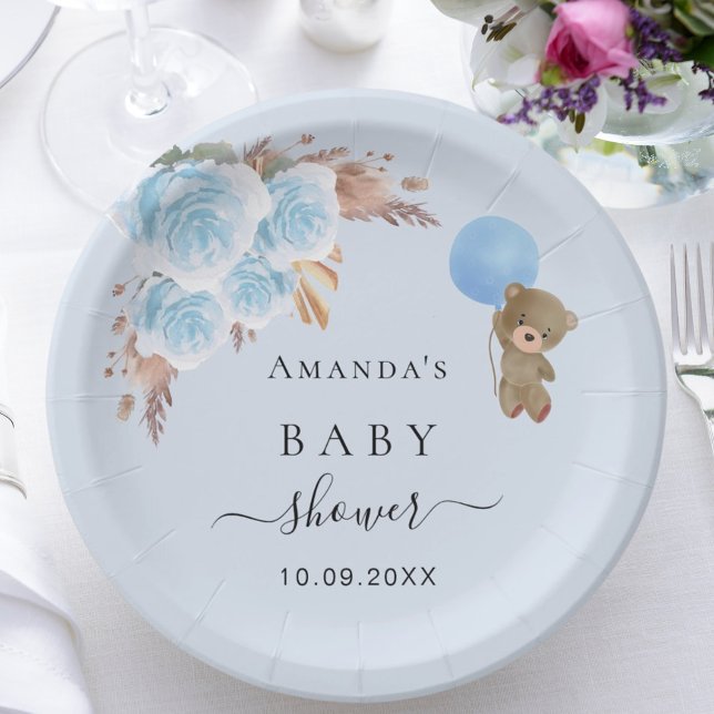 Baby Shower teddy bear boy pampas grass blue  Paper Plates (Creator Uploaded)