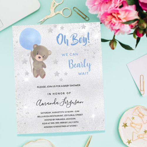 Baby shower teddy bear boy silver blue invitation