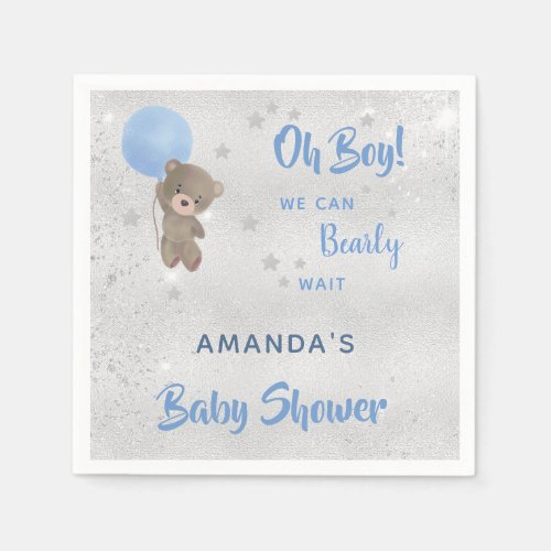 Baby shower teddy bear boy silver blue name napkins