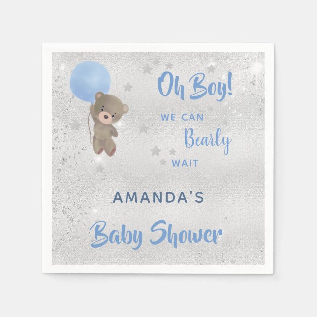 Baby shower teddy bear boy silver blue name napkins (Front)