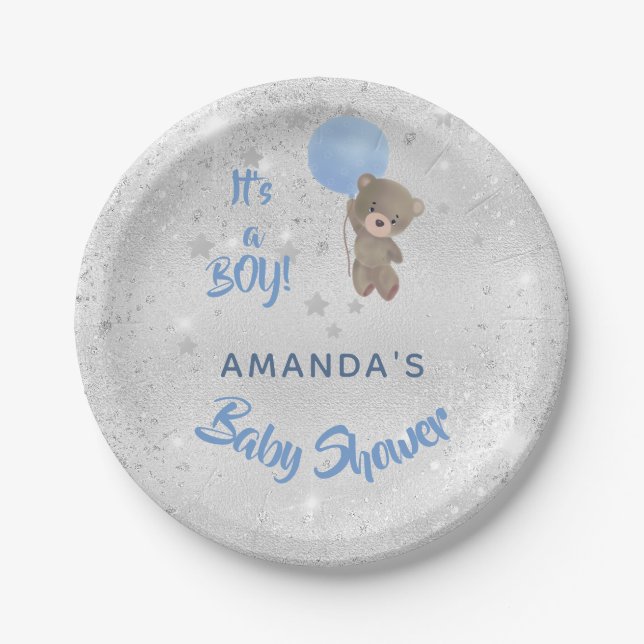 Baby shower teddy bear boy silver blue name paper plates (Front)