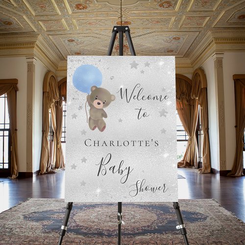 Baby shower teddy bear boy silver blue welcome foam board