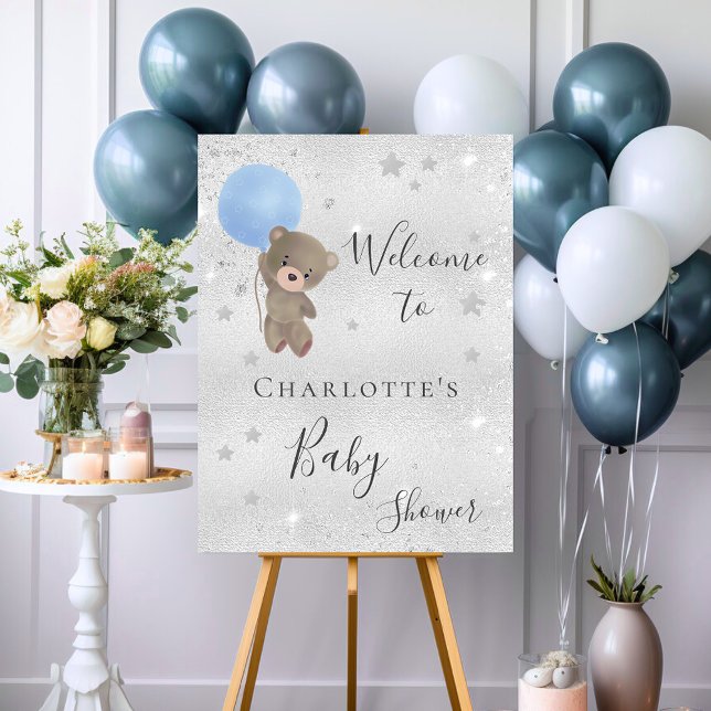 Baby shower teddy bear boy silver blue welcome foam board (Creator Uploaded)