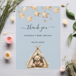 Baby Shower teddy bear boy stars tent blue Thank You Card