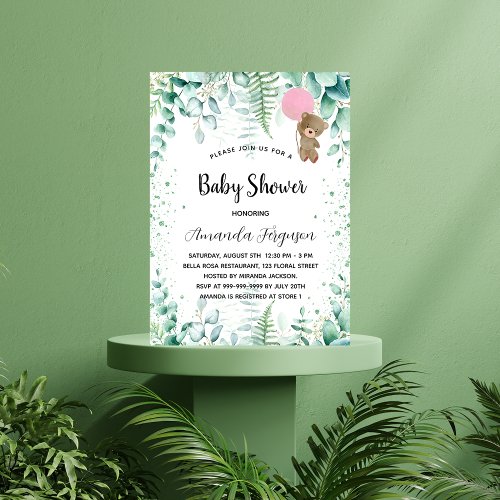 Baby Shower teddy bear eucalyptus girl luxury Invitation